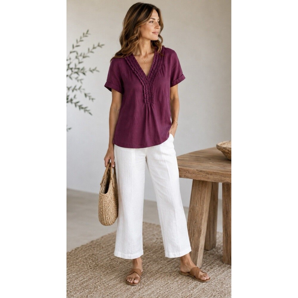 Talbots Pupple 100% Linen Ruffle V-Neck Short Sleeve Blouse Top Size 16 EUC